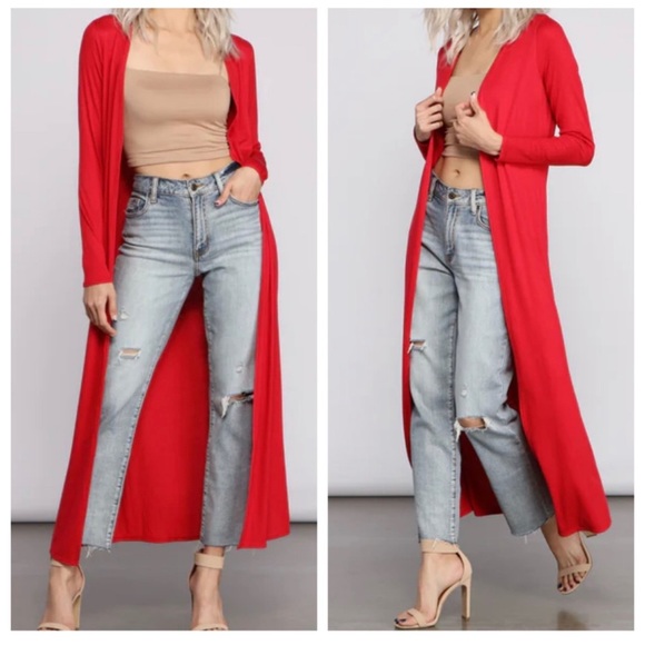 ShopEvelynne Sweaters - 🔥🔥NEW- Long Sleeve Cardigan, Duster in Red - with long length and pockets